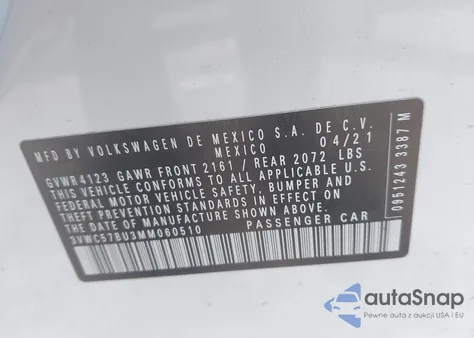 2021 Volkswagen Jetta 1.4T R-Line/1.4T S/1.4T Se из США, поврежденный, VIN 3VWC57BU3MM060510